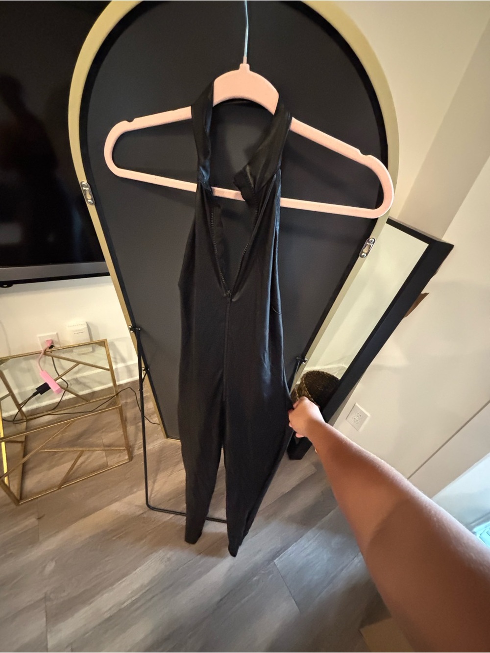 Women's Black Faux Leather Jumpsuit with Front Zipper